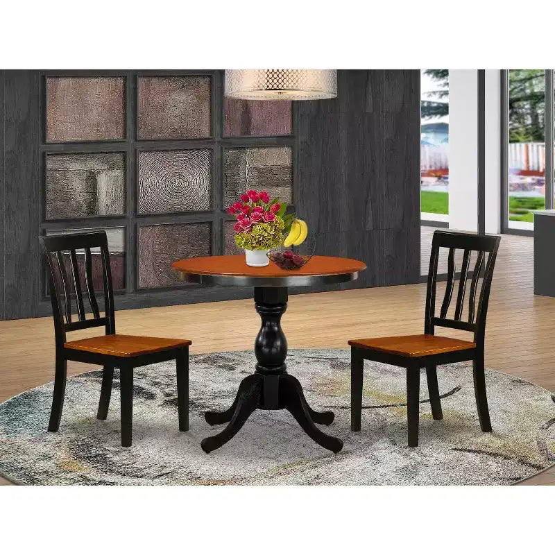 Set da pranzo in 3 pezzi con piano in legno massello finitura nera e ciliegio - 4 posti a sedere