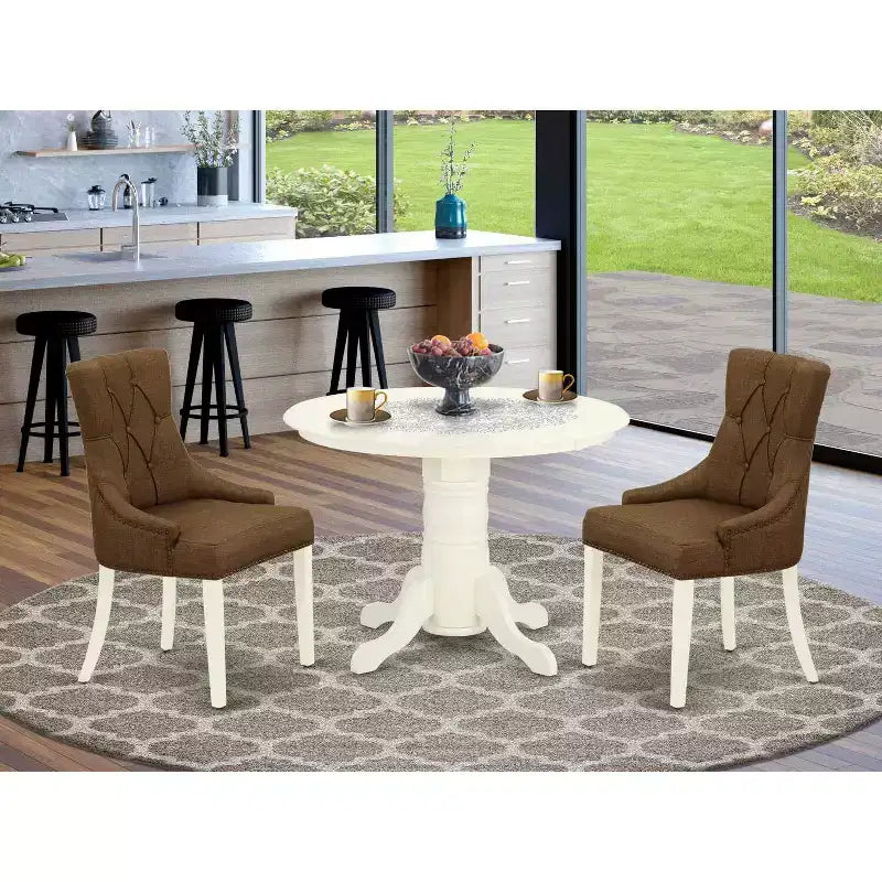 HomeStock Set da pranzo rotondo da 3 pezzi in lino bianco con piano in legno massello - 4 posti a sedere