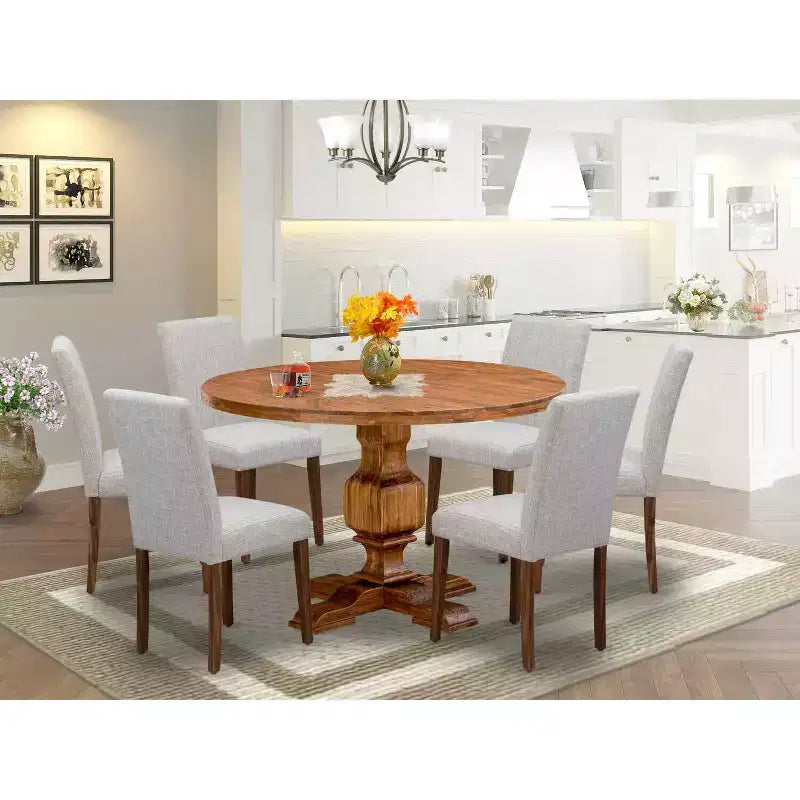 Tavolo da pranzo HomeStock in 7 pezzi con piano in legno massello finitura rovere naturale e 6 sedie Parson