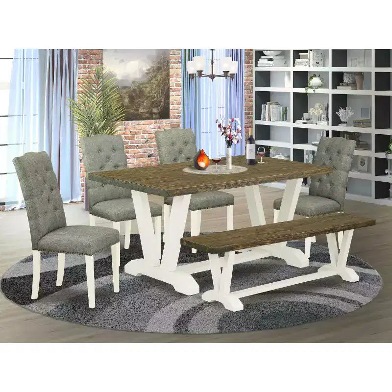 Tavolo da pranzo 6 posti in legno massello finitura rovere naturale con 1 panca e 4 sedie con