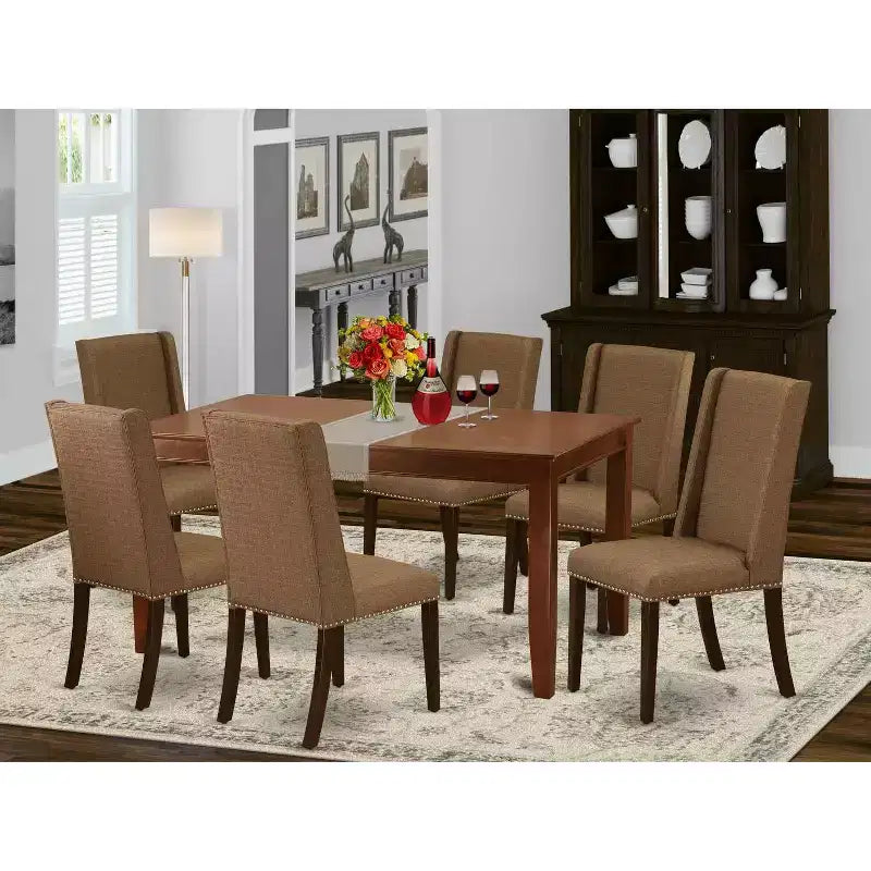HomeStock Tavolo da Pranzo 7 Pezzi con Piano in Legno Massello Finitura Mogano e 6 Sedie Parson