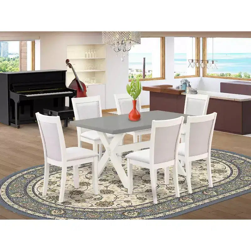 Tavolo da Pranzo HomeStock 7 Pezzi in Legno Massello Finitura Bianco Lino Spazzolato con 6 Sedie