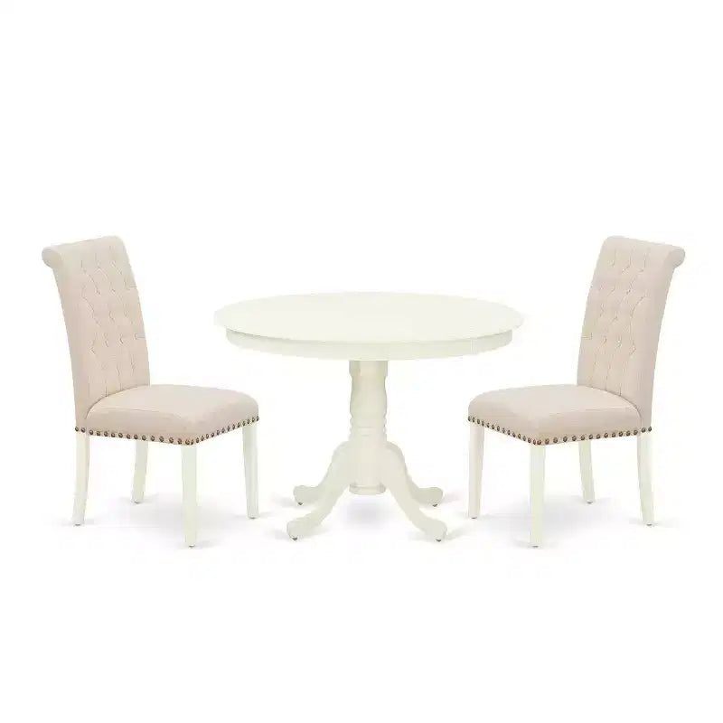 3Pc Dinette Set - Kitchen Table & 2 Parson Chairs - Linen White & Beige