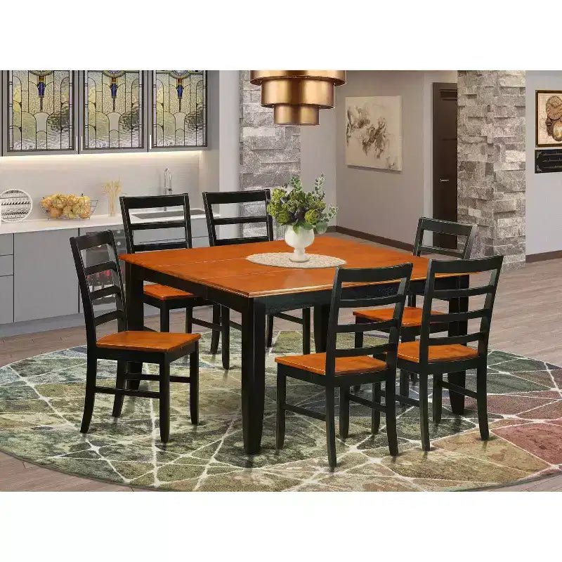 HomeStock Tavolo da Pranzo Quadrato 7 Pezzi Nero e Ciliegio in Legno Massello con 6 Sedie
