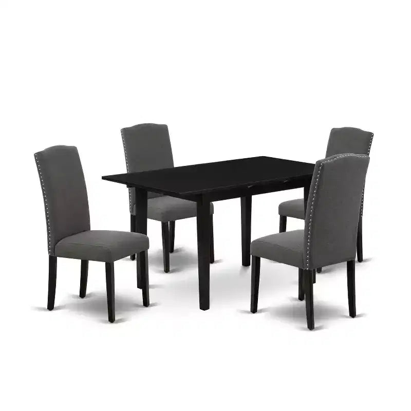HomeStock 5-Pc Black Finish Solid Wood Top - Rectangular Upholstered Dining Room Set with Butterfly Leaf - Seats 4