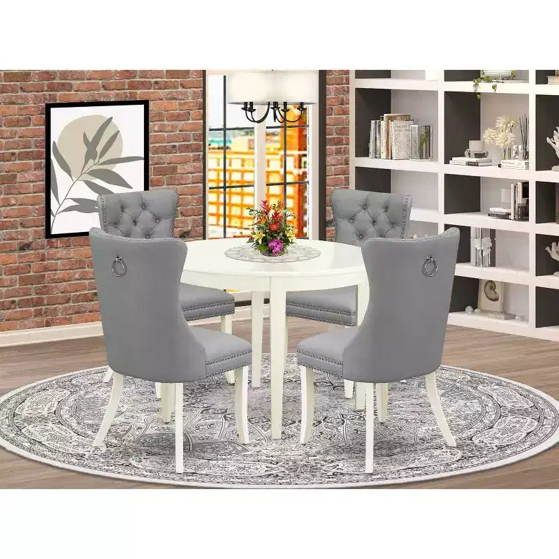 Set da pranzo rotondo imbottito da 5 pezzi, in legno massello, colore bianco lino - 4 posti a sedere