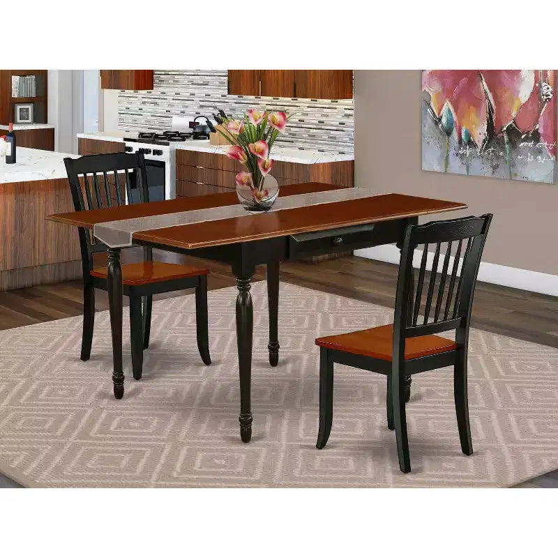 HomeStock Set Tavolo da Pranzo a Goccia in Legno Massello Finitura Nera e Ciliegio a 3 Pezzi