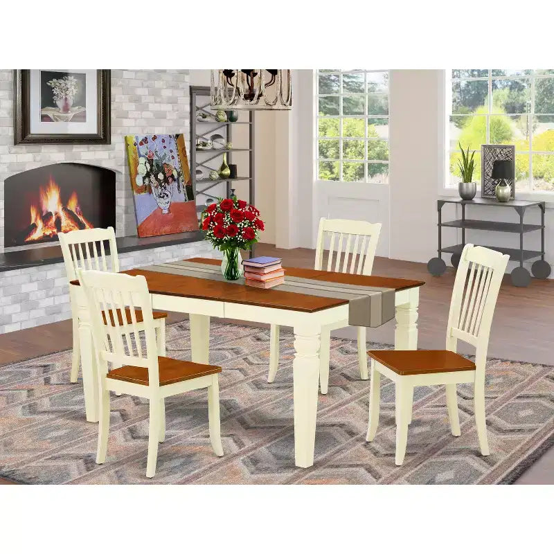HomeStock Set da pranzo 5 pezzi in legno massello con finitura color crema e ciliegio, tavolo rettangolare e 4 sedie con schienale a doghe