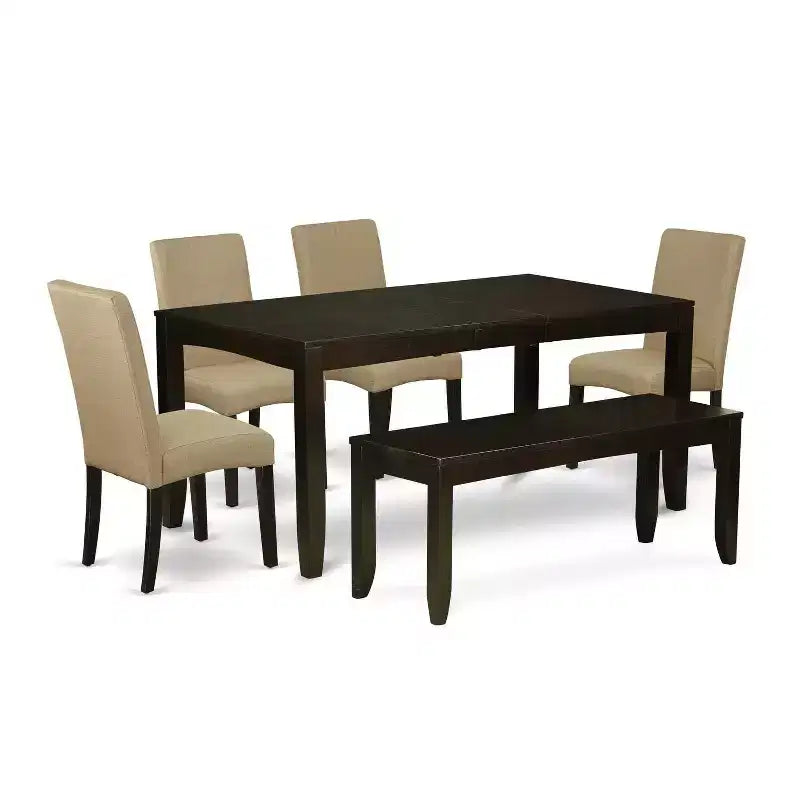 Contemporary 6Pc Dining Set - 48/60 Table, 4 Parsons Chairs & Bench - Linen Fabric, Cappuccino Finish