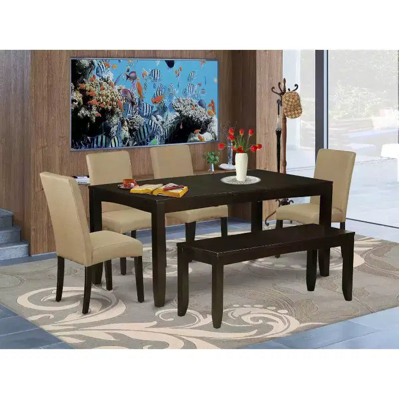 Set da pranzo contemporaneo 6 pezzi - Tavolo 48/60, 4 sedie Parsons e panca - Tessuto lino, finitura cappuccino