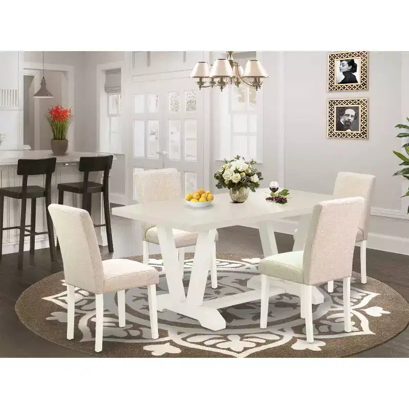 HomeStock Set da pranzo 5 pezzi: tavolo rettangolare con piano in legno massello finitura rovere naturale e 4 sedie Parson