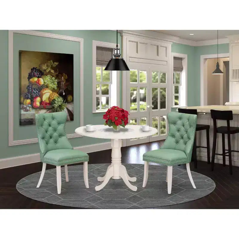 Set da pranzo da 3 pezzi in lino bianco massiccio con piano in legno - 4 posti