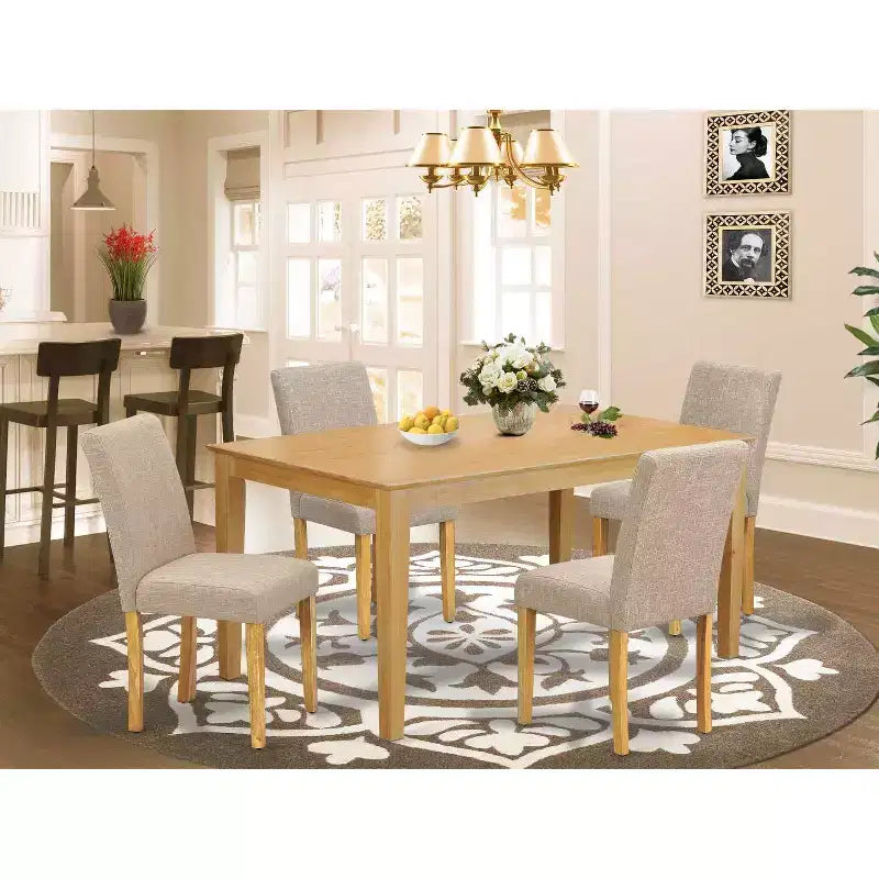 Set da pranzo rettangolare 5 pezzi - Tavolo e sedie - Tessuto in lino, gambe in rovere, marrone chiaro - HomeStock
