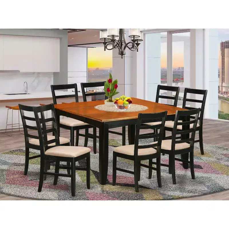 HomeStock Tavolo da pranzo a 9 pezzi con piano quadrato in legno massello con finitura nera e 8 sedie