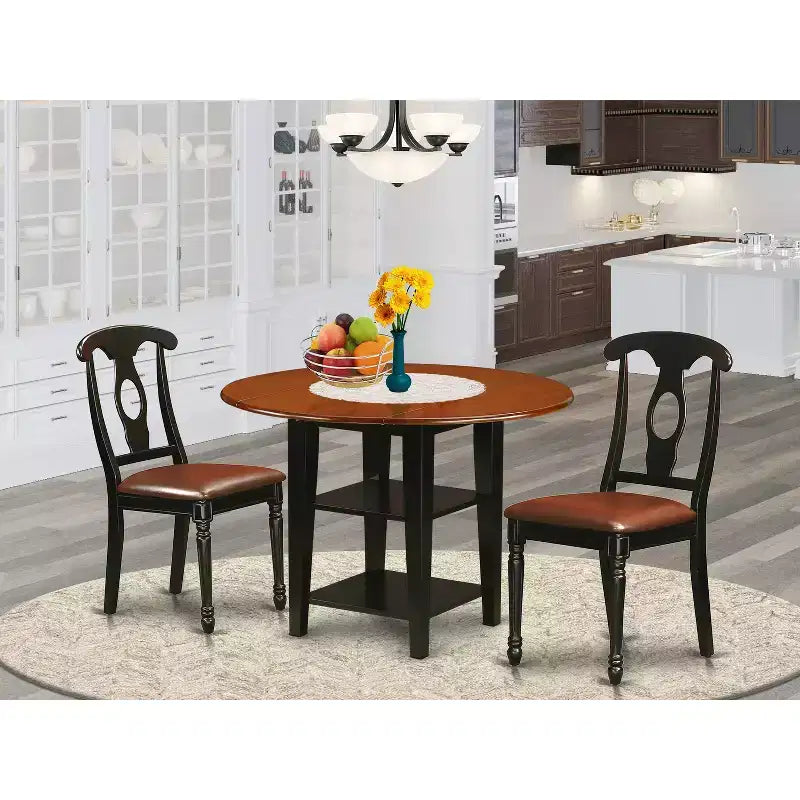 HomeStock Set da Pranzo 3 Pezzi Tavolo Rotondo con Piano in Legno Massello Finitura Nera e Ciliegio