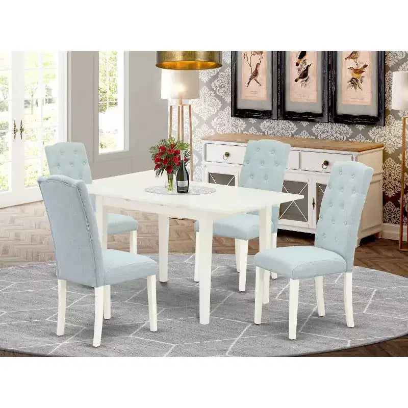 HomeStock Set Sala da Pranzo 5 Pezzi con Piano in Legno Massello Finitura Bianco Lino - Rettangolare, Rivestito in Tessuto Trapuntato - 4 Posti a Sedere