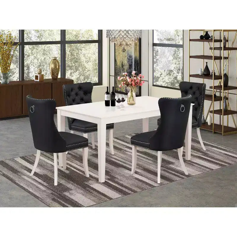 Set da pranzo in 5 pezzi rettangolare in lino bianco con piano in legno massello imbottito - 4 posti