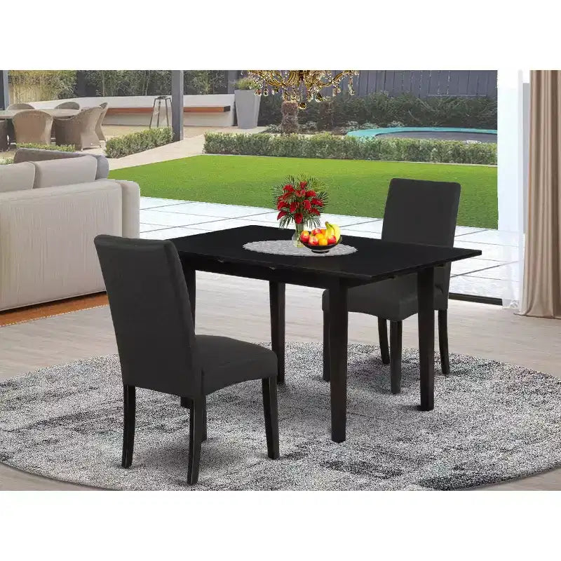 Set tavolo da pranzo HomeStock 3 pezzi con piano rettangolare in legno massello e prolunga a farfalla, finitura nera
