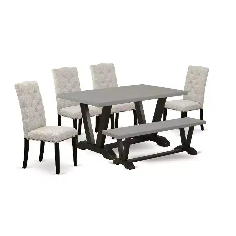 HomeStock 6-Pc Rectangle Natural Oak Finish Solid Wood Top Dining Table with 1-Bench, 4-Chairs