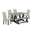 HomeStock 6-Pc Rectangle Natural Oak Finish Solid Wood Top Dining Table with 1-Bench, 4-Chairs