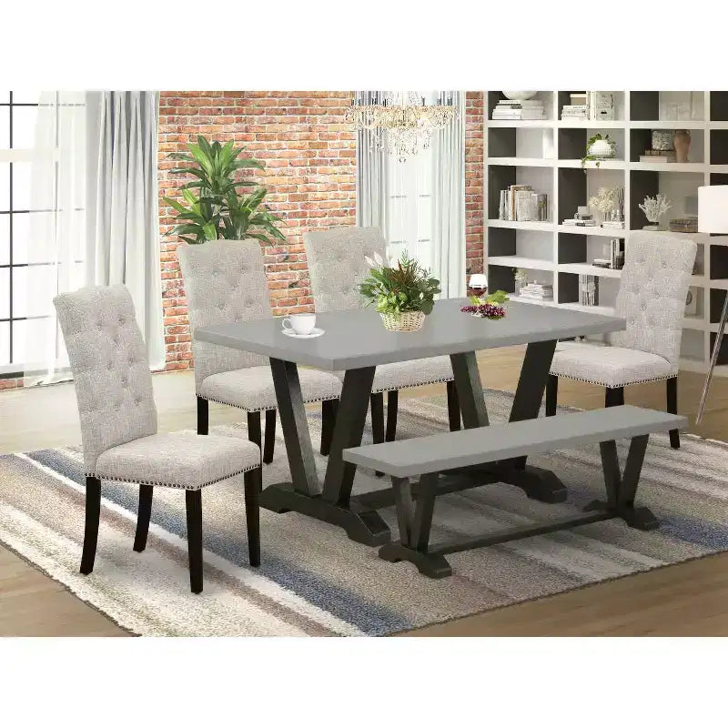 Tavolo da pranzo HomeStock 6 pezzi con piano rettangolare in legno massello finitura rovere naturale, 1 panca, 4 sedie