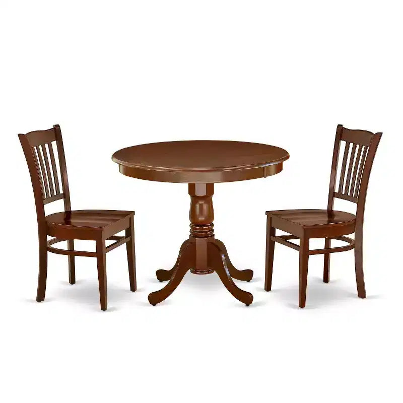 3 Piece Dinette Set - Round Table & 2 Chairs for Small Kitchens - 36 Inch Mahogany Finish