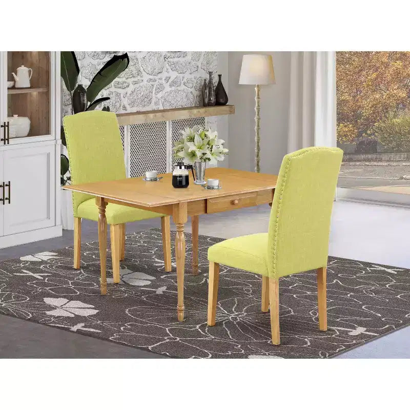 Set Tavolo da Cucina con 2 Sedie, Tavolo da Pranzo a Ribalta, Sedie Parsons in Tessuto di Lino, Finitura Rovere
