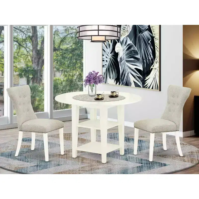HomeStock Set da Pranzo 3 Pezzi con Piano in Legno Massello Finitura Bianco Lino