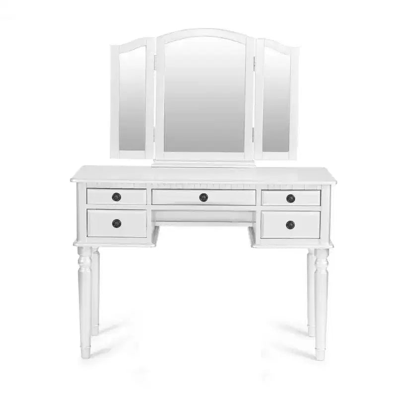 Poundex Set Toeletta da Trucco in Legno con Scrivania, Specchio e Sgabello - Bianco