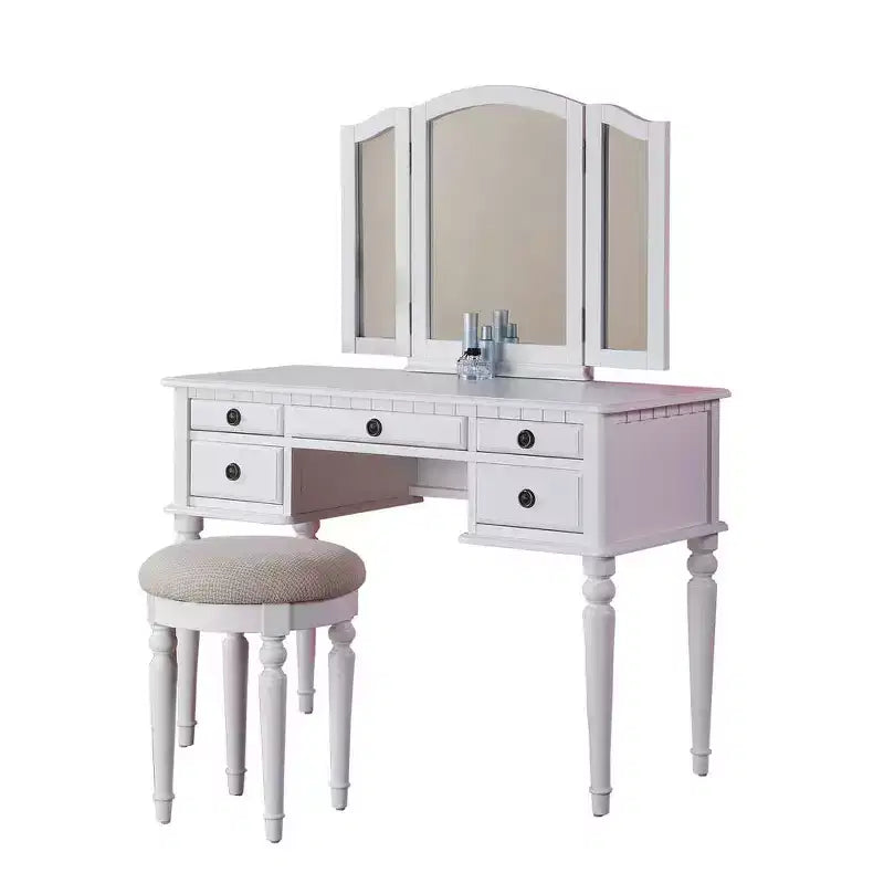 Poundex Set Toeletta da Trucco in Legno con Scrivania, Specchio e Sgabello - Bianco
