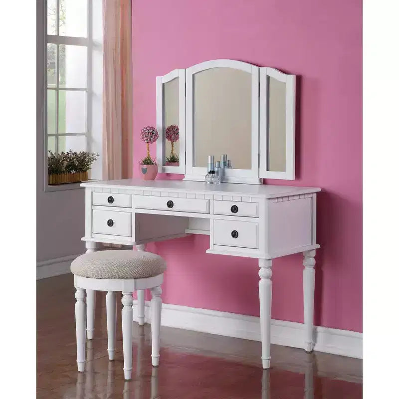 Poundex Set Toeletta da Trucco in Legno con Scrivania, Specchio e Sgabello - Bianco