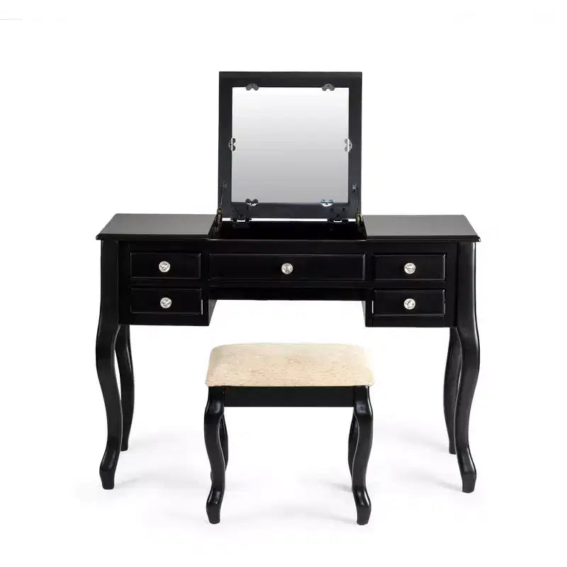 Poundex Set Toeletta da Trucco in Legno, Scrivania, Specchio e Sgabello