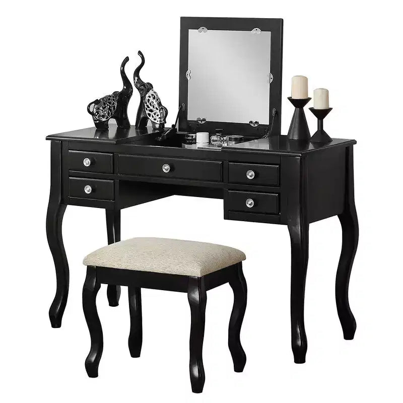 Poundex Set Toeletta da Trucco in Legno, Scrivania, Specchio e Sgabello