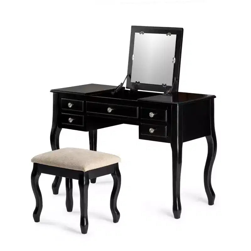 Poundex Set Toeletta da Trucco in Legno, Scrivania, Specchio e Sgabello