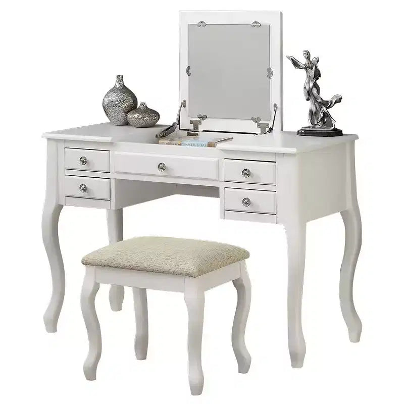 Poundex Set Toeletta da Trucco in Legno, Scrivania, Specchio e Sgabello