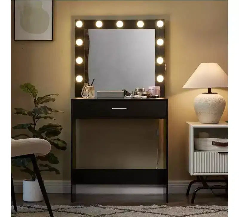 Tocador con specchio, tavolo da trucco con luminosità regolabile e 3 modalità di illuminazione, cassetto, compatto per piccoli spazi, casa, soggiorno