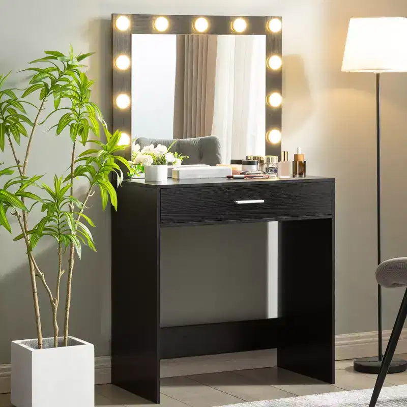 Tocador con specchio, tavolo da trucco con luminosità regolabile e 3 modalità di illuminazione, cassetto, compatto per piccoli spazi, casa, soggiorno