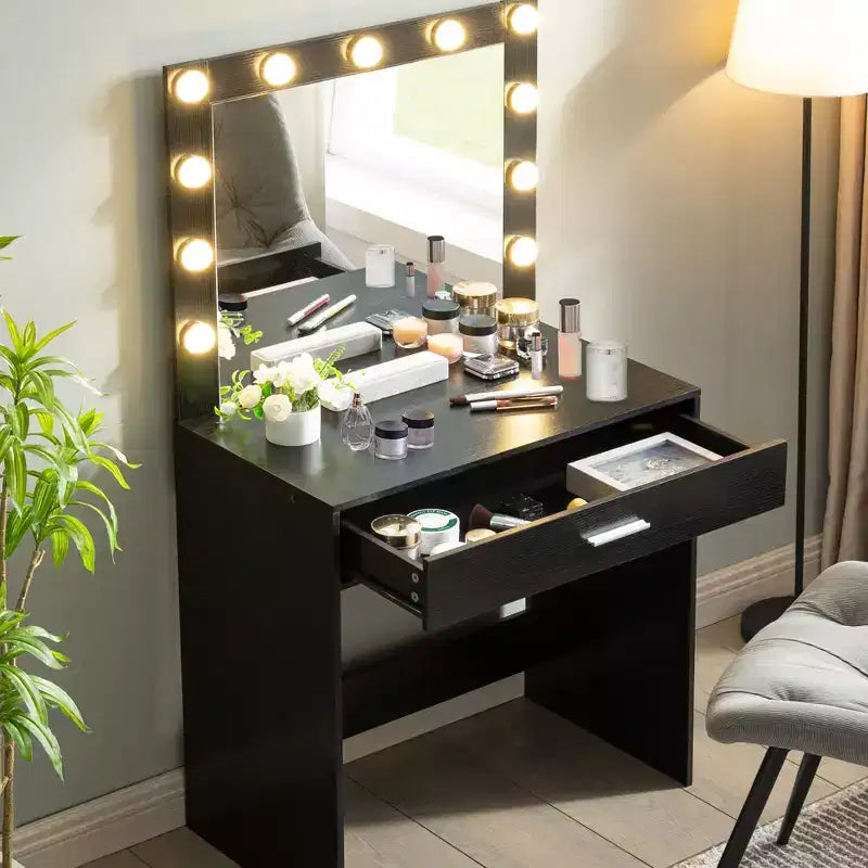 Tocador con specchio, tavolo da trucco con luminosità regolabile e 3 modalità di illuminazione, cassetto, compatto per piccoli spazi, casa, soggiorno