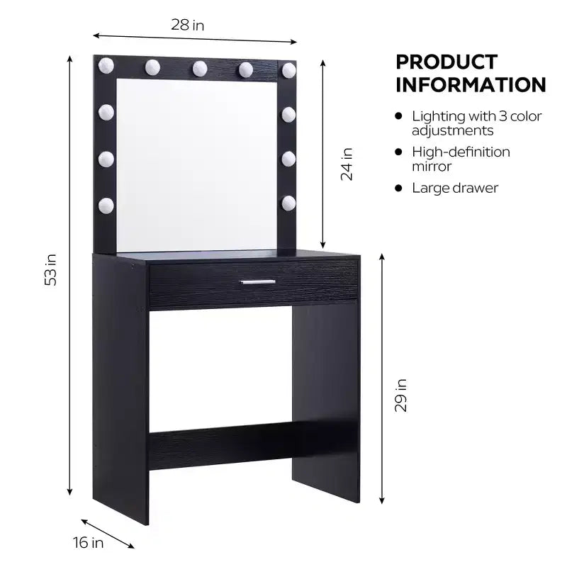 Tocador con specchio, tavolo da trucco con luminosità regolabile e 3 modalità di illuminazione, cassetto, compatto per piccoli spazi, casa, soggiorno