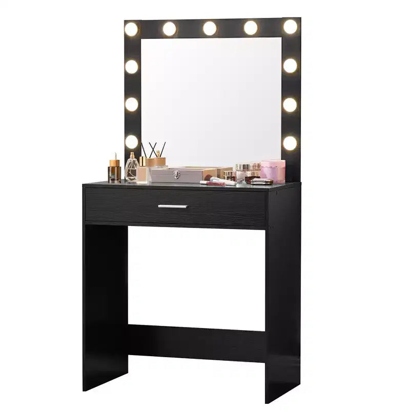 Tocador con specchio, tavolo da trucco con luminosità regolabile e 3 modalità di illuminazione, cassetto, compatto per piccoli spazi, casa, soggiorno