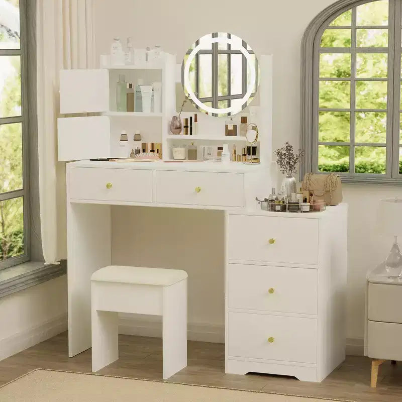 GDFStudio Carys Specchio Rotondo Toeletta con Luci Regolabili, 1 Sedia Imbottita e Scomparti Multipli