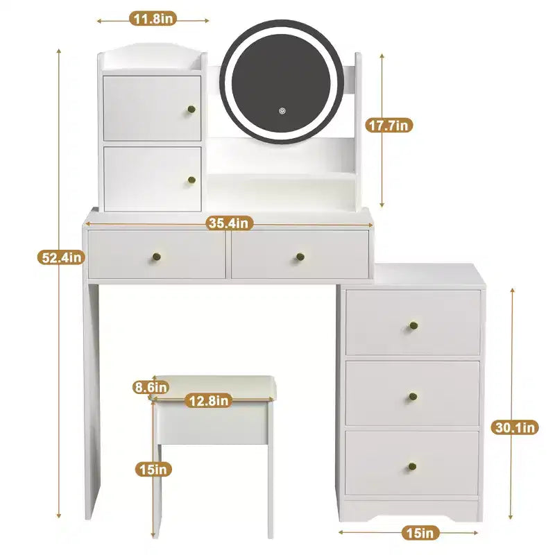 GDFStudio Carys Specchio Rotondo Toeletta con Luci Regolabili, 1 Sedia Imbottita e Scomparti Multipli