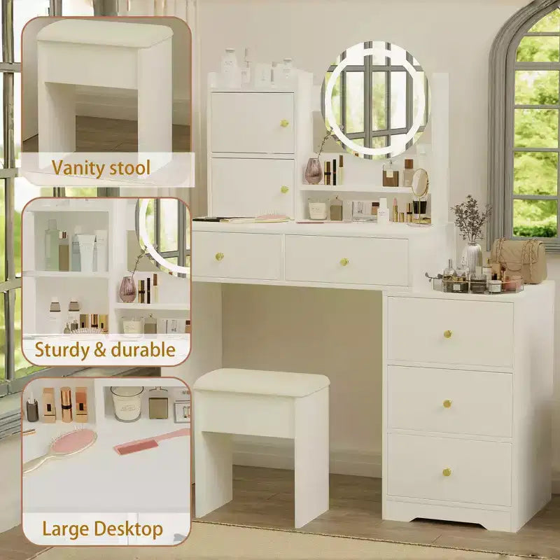 GDFStudio Carys Specchio Rotondo Toeletta con Luci Regolabili, 1 Sedia Imbottita e Scomparti Multipli
