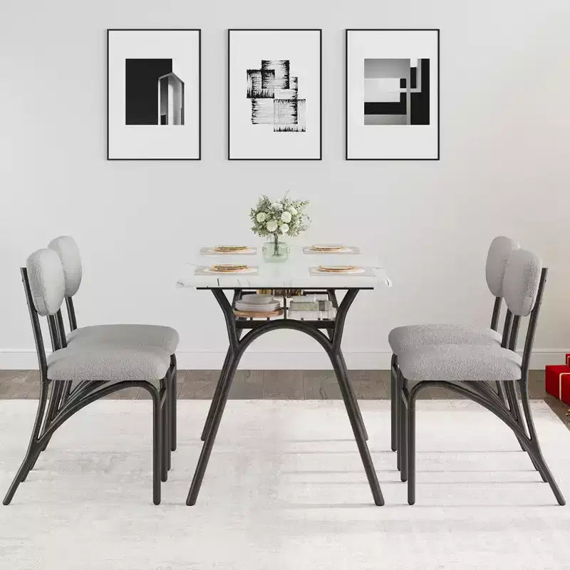 Set tavolo da pranzo per 4, tavolo da cucina con sedie Boucle per 4, tavolo da pranzo rettangolare moderno con ripiano portaoggetti per piccoli spazi