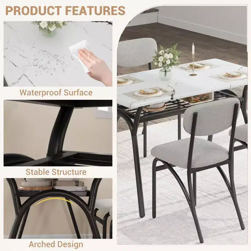 Set tavolo da pranzo per 4, tavolo da cucina con sedie Boucle per 4, tavolo da pranzo rettangolare moderno con ripiano portaoggetti per piccoli spazi