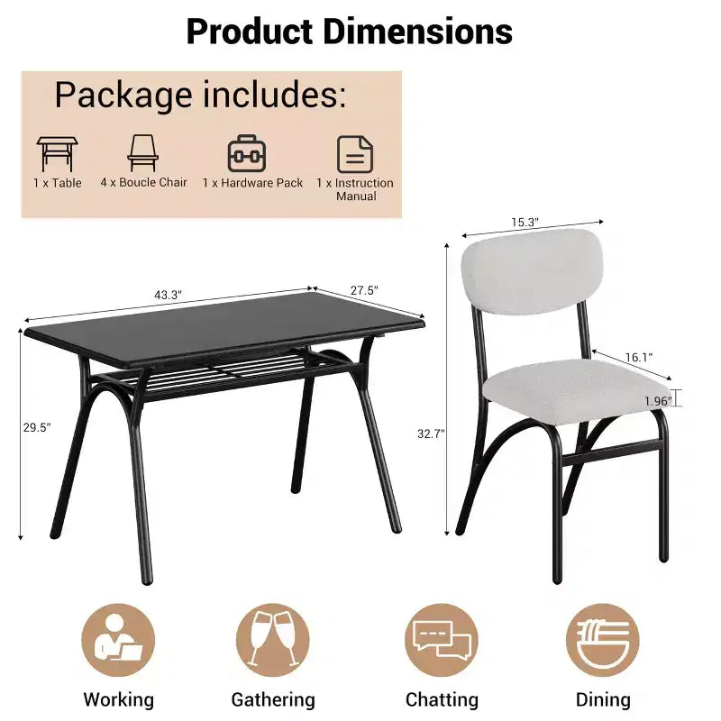 Set tavolo da pranzo per 4, tavolo da cucina con sedie Boucle per 4, tavolo da pranzo rettangolare moderno con ripiano portaoggetti per piccoli spazi