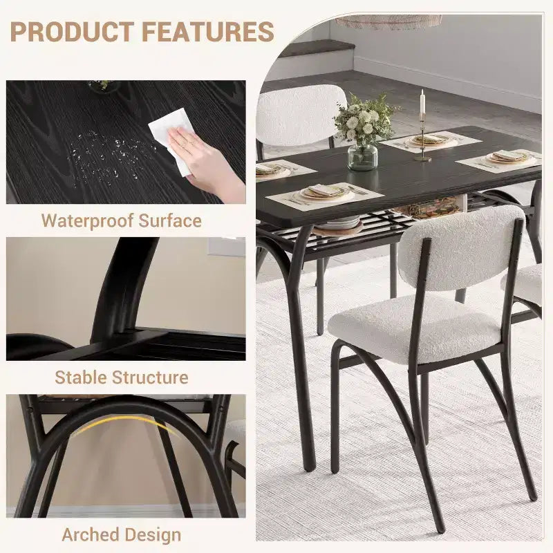Set tavolo da pranzo per 4, tavolo da cucina con sedie Boucle per 4, tavolo da pranzo rettangolare moderno con ripiano portaoggetti per piccoli spazi