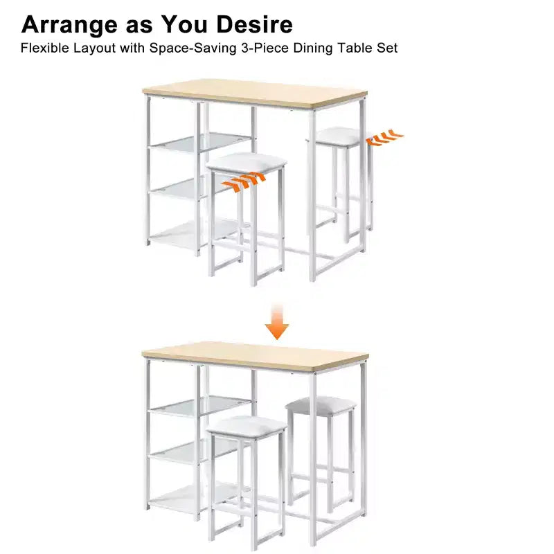 VECELO Set tavolo da pranzo da cucina per 2 persone, 3 pezzi tavolo e sedie da bar altezza bancone con sedie in pelle PU e ripiani portaoggetti, Marmo Nero/Rovere/Marrone