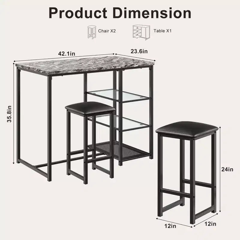 VECELO Set tavolo da pranzo da cucina per 2 persone, 3 pezzi tavolo e sedie da bar altezza bancone con sedie in pelle PU e ripiani portaoggetti, Marmo Nero/Rovere/Marrone
