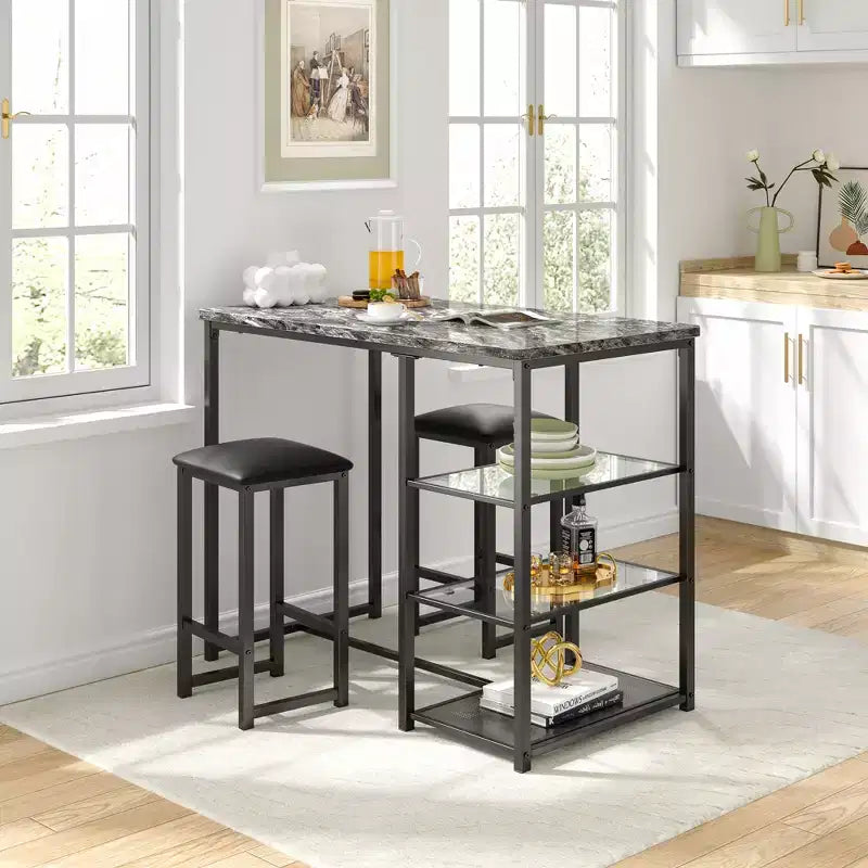 VECELO Set tavolo da pranzo da cucina per 2 persone, 3 pezzi tavolo e sedie da bar altezza bancone con sedie in pelle PU e ripiani portaoggetti, Marmo Nero/Rovere/Marrone